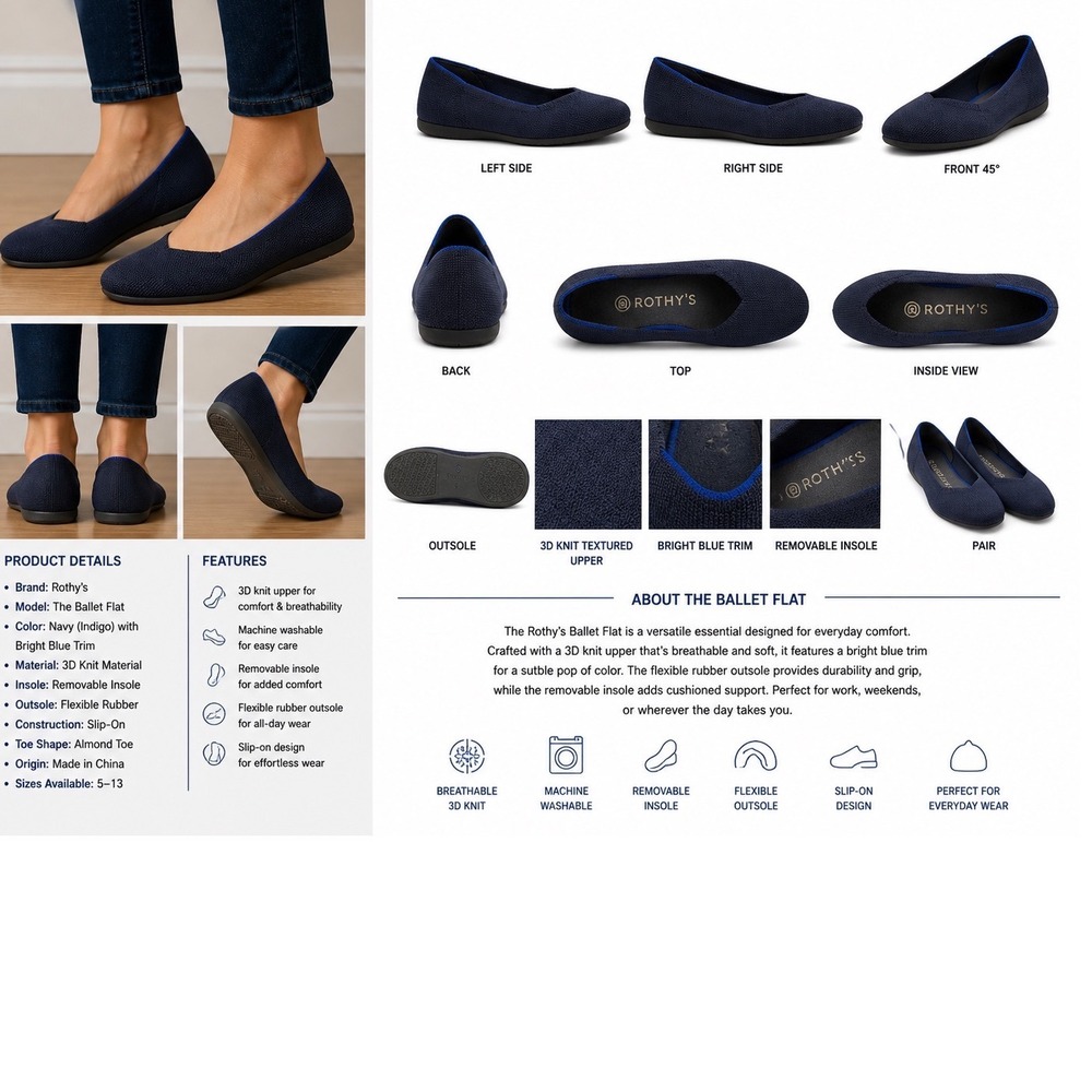 Rothy's The Ballet Flat Navy Indigo Blue Trim Almond Toe Knit Shoes Womens 9